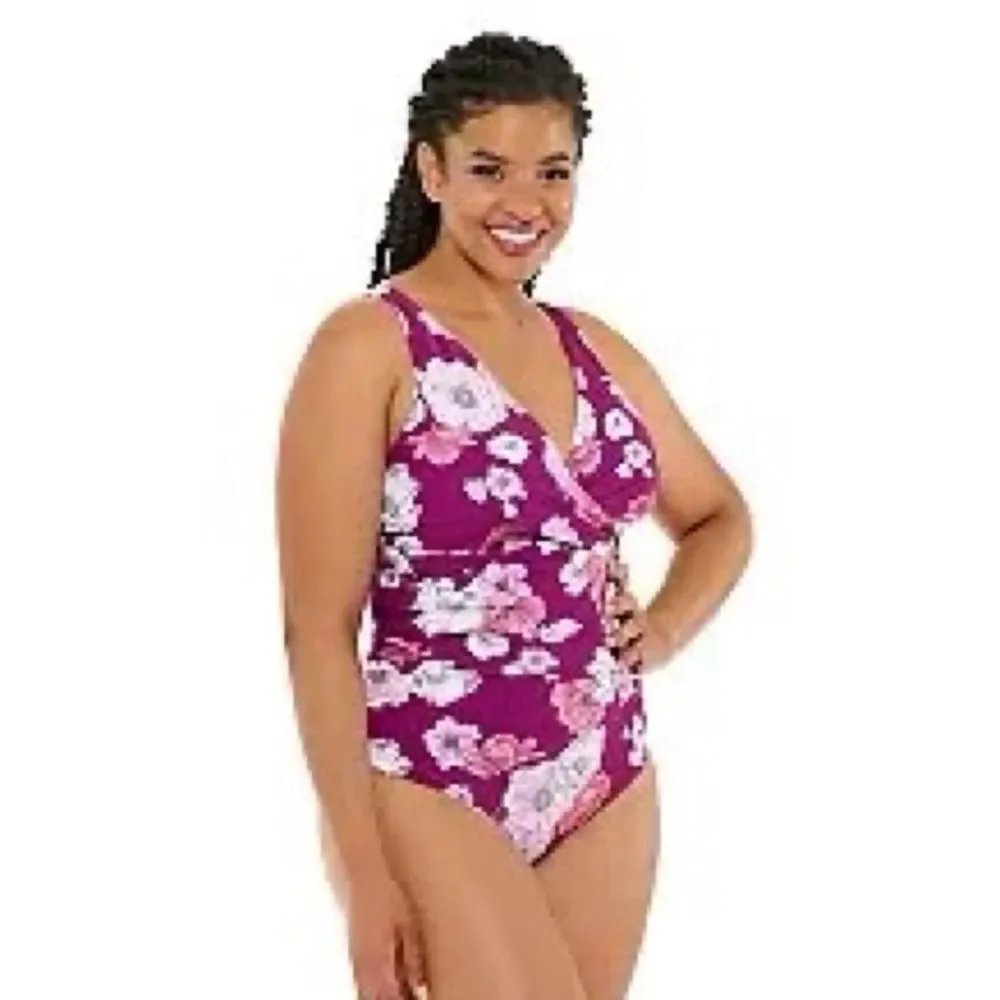 Freshwater Surplice Lace-Back One-Piece Swimsuit Plus Size 2X Purple Floral - Picture 16 of 16